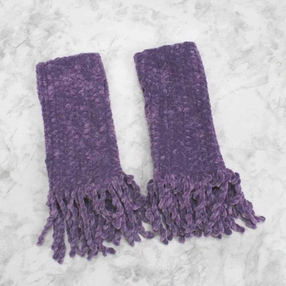 HAND CRAFTED Gloves Fingerless Crochet Chenille Winter Cozy Velvet Fringe Purple